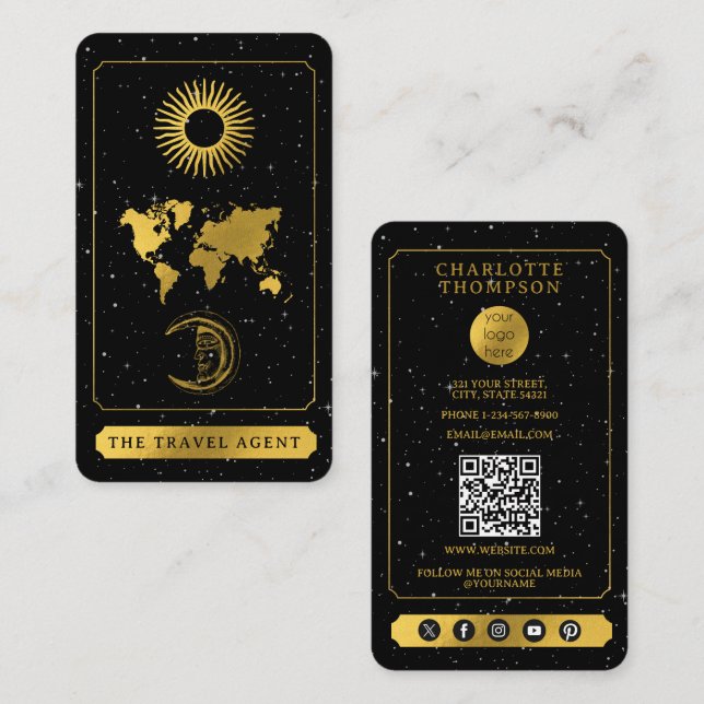 Celestial Tarot Logo Travel Agent Black Gold  Business Card (Front/Back)