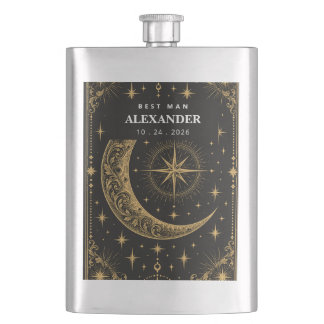 Celestial Tarot Moon Gold Groomsmen Matte Black Hip Flask