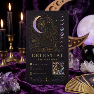 Celestial Tarot Reader Luxury Black Gold QR  Business Card