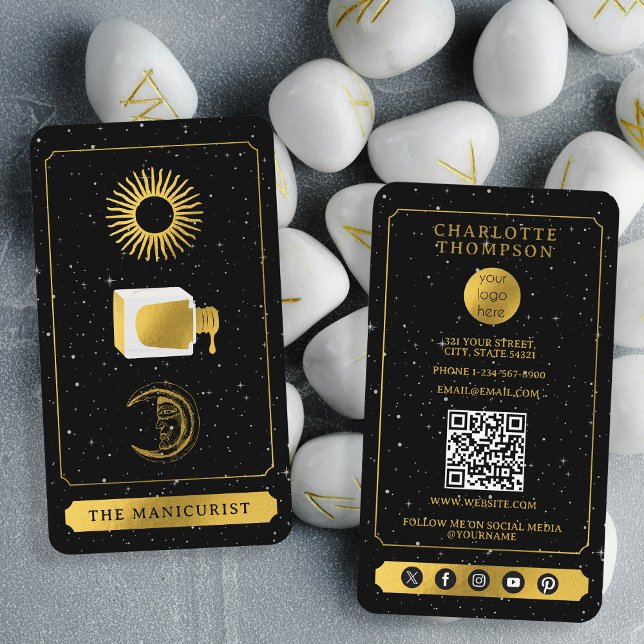 Celestial Tarot Sun Moon Nail Salon Black Gold  Business Card (Celestial Tarot Sun Moon Nail Salon Black Gold Business Card)