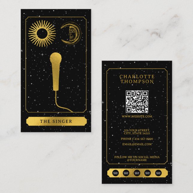 Celestial Tarot Sun Moon Singer Microphone Gold Business Card (Front/Back)