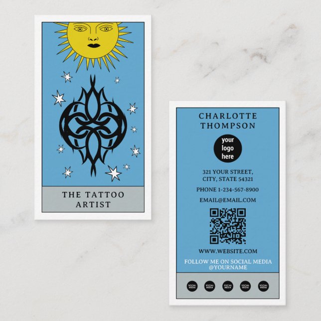 Celestial Tarot Sun Tattoo Artist Piercer Logo Business Card (Front/Back)