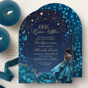 Celestial Teal Stars Flowers Dress Quinceanera Invitation