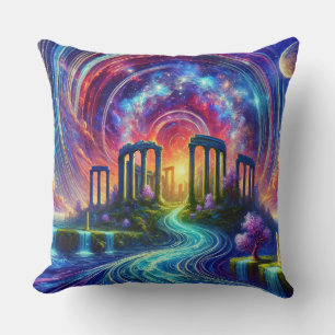 Celestial Temple Ruins with Flowing Cosmic River Cushion