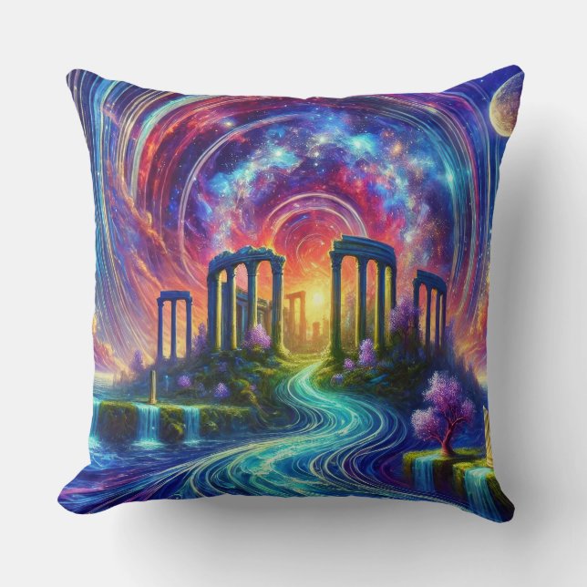 Celestial Temple Ruins with Flowing Cosmic River Cushion (Front)