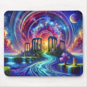 Celestial Temple Ruins with Flowing Cosmic River Mouse Pad