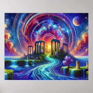 Celestial Temple Ruins with Flowing Cosmic River Poster