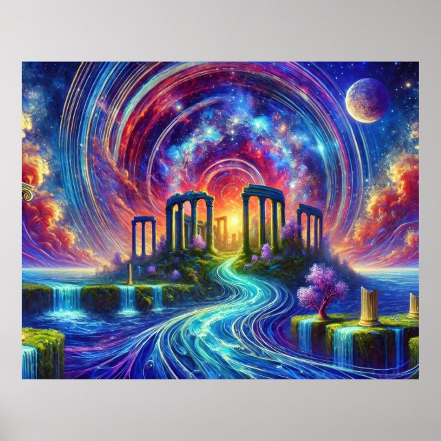 Celestial Temple Ruins with Flowing Cosmic River Poster (Front)