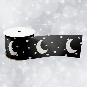 Celestial Theme Crescent Moon Stars on Black Satin Ribbon