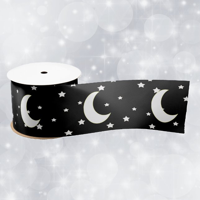 Celestial Theme Crescent Moon Stars on Black Satin Ribbon (White crescent moons and white stars on black celestial theme gift wrap ribbon.)
