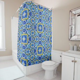 Celestial Tides  Abstract Sapphire and Gold Mandal Shower Curtain