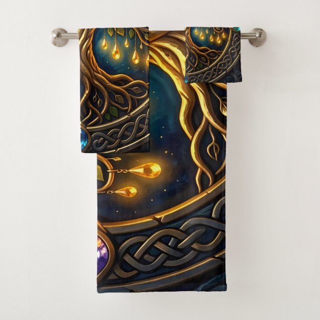 Celestial Tree of Light Celtic Golden Tree of Life Bath Towel Set (Insitu)
