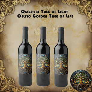 Celestial Tree of Light Celtic Golden Tree of Life Wine Label