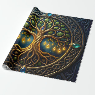 Celestial Tree of Light Celtic Golden Tree of Life Wrapping Paper