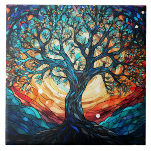 Celestial Tree Stained Glass  Ceramic Tile