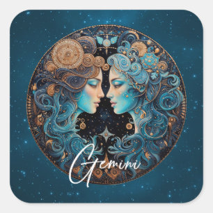 Celestial Twins Zodiac Symbol Black Gold Gemini Square Sticker