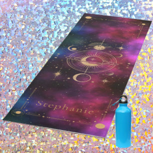 Celestial Universe Monogram Gold Glitter Burgundy Yoga Mat