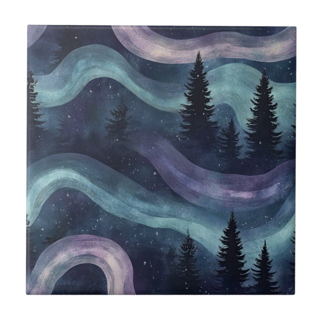 Celestial Veil: Aurora Waves in the Night Sky (1) Ceramic Tile (Front)