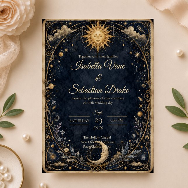 Celestial Vintage Sun Moon Wedding Invitation (Creator Uploaded)