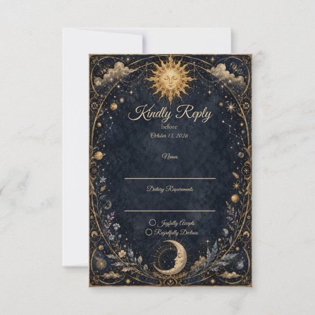 Celestial Vintage Sun Moon Wedding RSVP Card (Front)