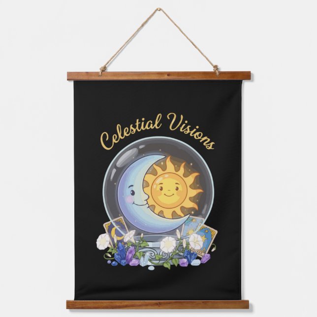 Celestial Visions | Cute Sun and Moon Tarot Crysta Hanging Tapestry (Front)