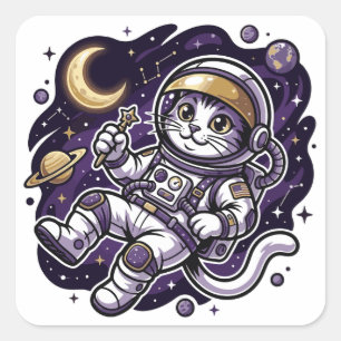 Celestial Voyager: Purple Astronaut Cat Space Masc Square Sticker