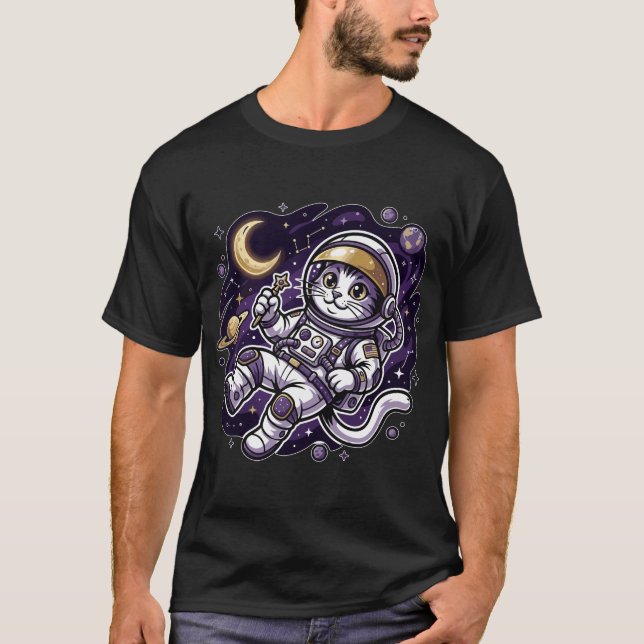 Celestial Voyager: Purple Astronaut Cat Space Masc T-Shirt (Front)