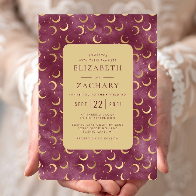 Celestial Watercolor Burgundy Gold Moons Wedding Invitation (Creator Uploaded)