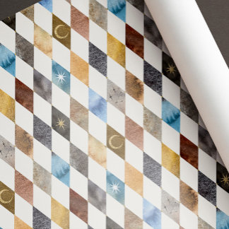 Celestial Watercolor Harlequin Diamond Pattern Wrapping Paper