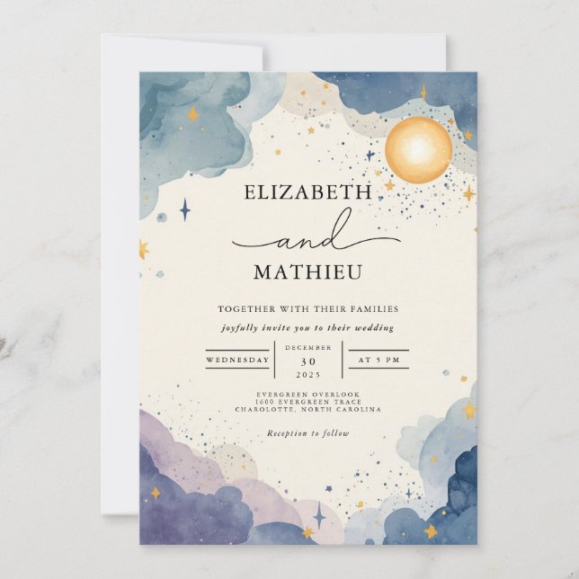 Celestial Watercolor Sky Wedding Invitation (Front)