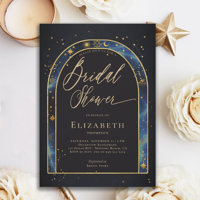 Celestial Waters Arch Starry Zodiac Bridal Shower Invitation (celestial bridal shower invitation zodiac signs astrology oracle universe mystical waters blue arch)