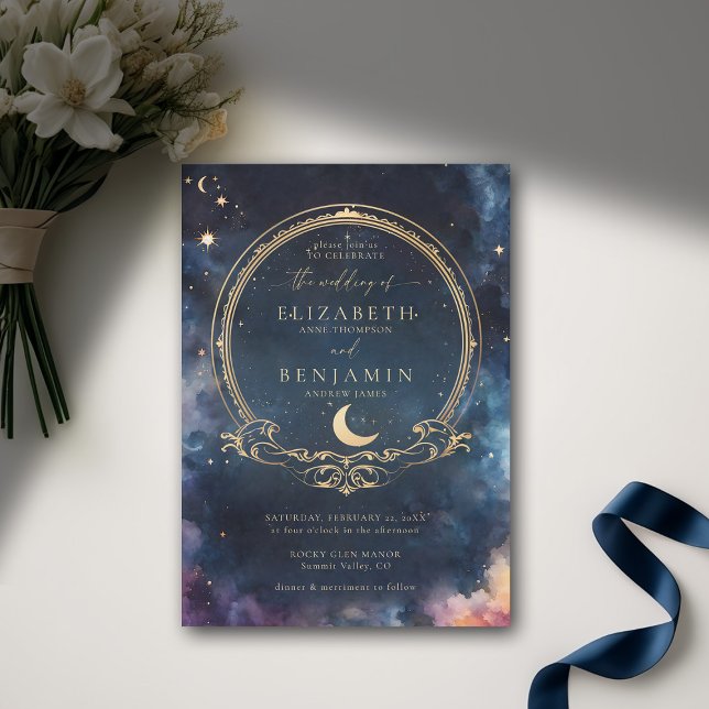 Celestial Waters Midnight Blue Elegant Wedding Invitation (celestial wedding invitation elegant frame watercolor moon stars sky modern classic)