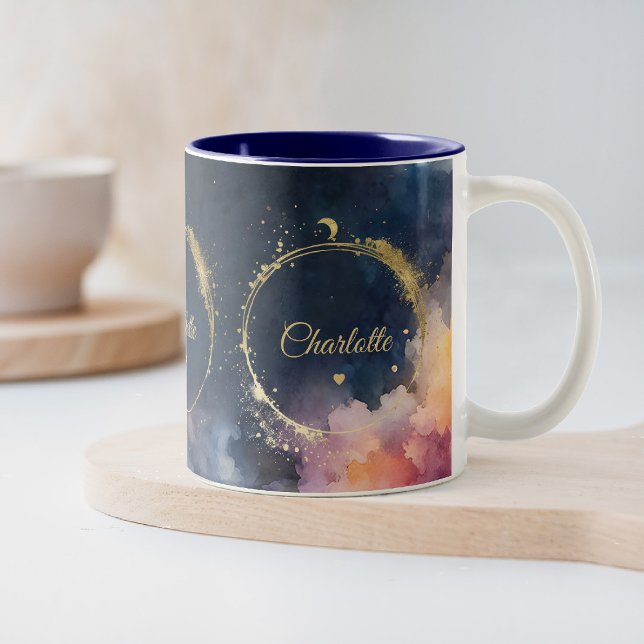 Celestial Waters Midnight Blue Galaxy Sky Planets Two-Tone Coffee Mug (elestial galaxy personalized midnight blue space mug custom name gift)