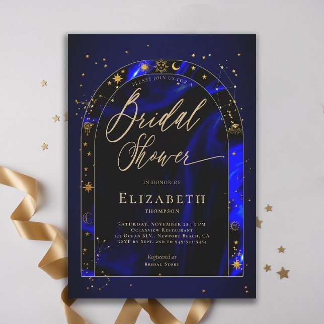 Celestial Waters Starry Zodiac Arch Bridal Shower Invitation (celestial bridal shower invitation zodiac signs astrology oracle universe mystical waters royal blue)