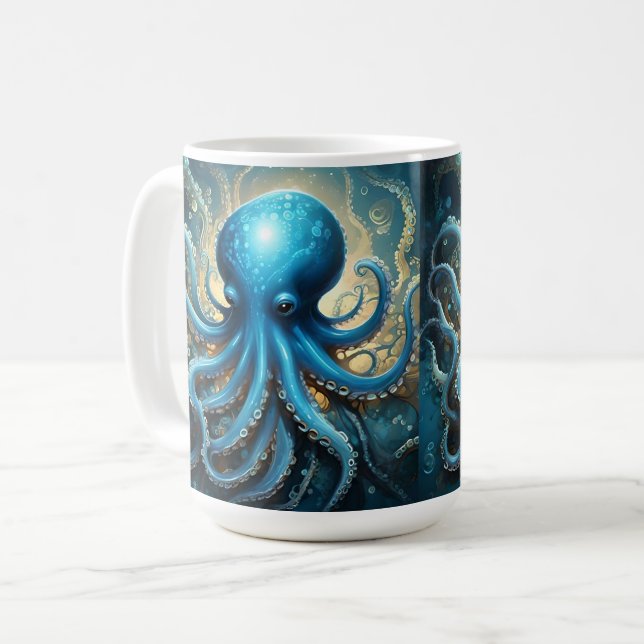 Celestial Waves: The Blue Octopus Fractal Art Coffee Mug (Front Left)
