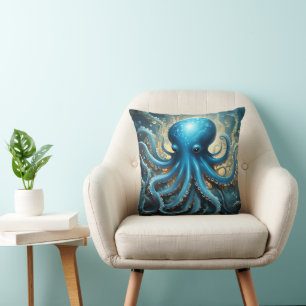 Celestial Waves: The Blue Octopus Fractal Art Cushion
