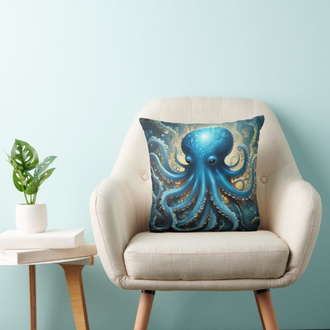 Celestial Waves: The Blue Octopus Fractal Art Cushion (Chair)