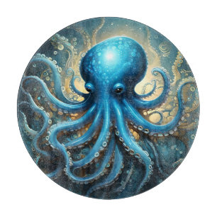 Celestial Waves: The Blue Octopus Fractal Art Cutting Board