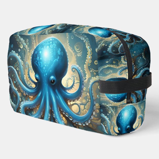 Celestial Waves: The Blue Octopus Fractal Art Dopp Kit (Left Corner)
