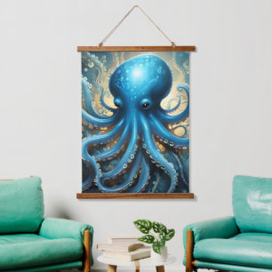 Celestial Waves: The Blue Octopus Fractal Art Hanging Tapestry