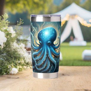 Celestial Waves: The Blue Octopus Fractal Art Insulated Tumbler