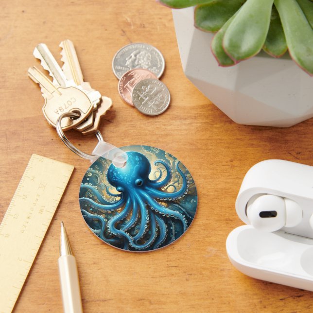 Celestial Waves: The Blue Octopus Fractal Art Key Ring (Desk)