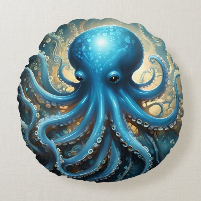 Celestial Waves: The Blue Octopus Fractal Art Round Cushion (Front)