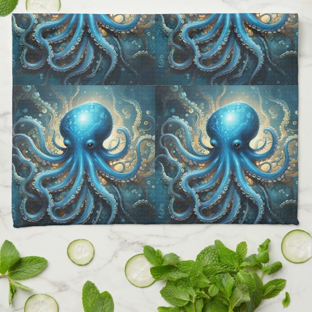 Celestial Waves: The Blue Octopus Fractal Art Tea Towel (Folded)