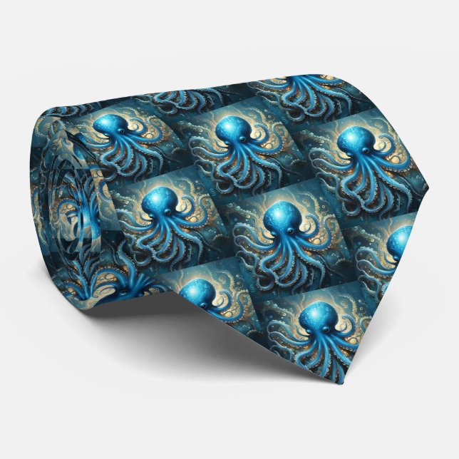 Celestial Waves: The Blue Octopus Fractal Art Tie (Rolled)