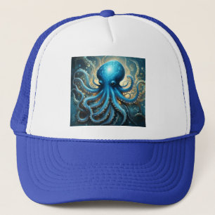 Celestial Waves: The Blue Octopus Fractal Art Trucker Hat