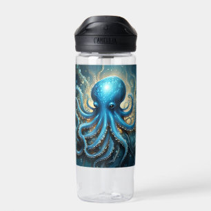Celestial Waves: The Blue Octopus Fractal Art Water Bottle