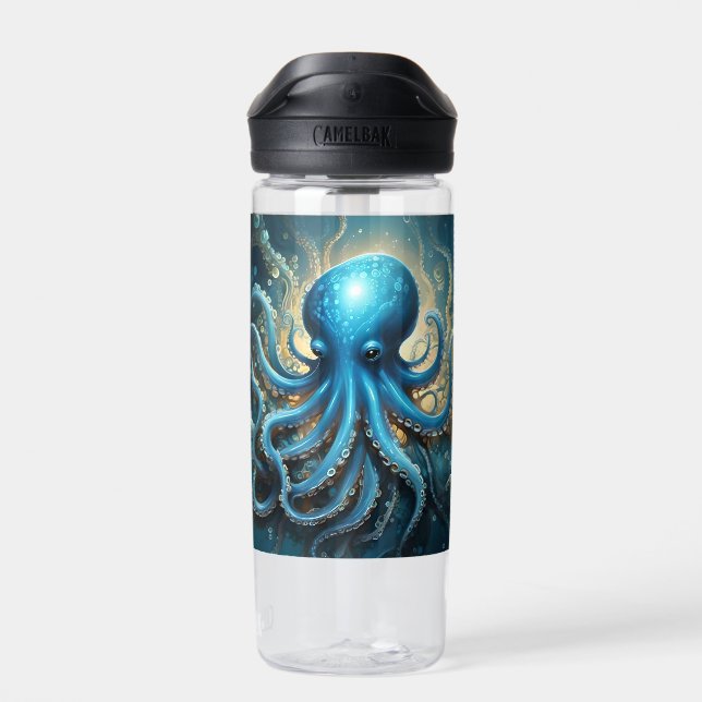Celestial Waves: The Blue Octopus Fractal Art Water Bottle (Back)