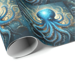 Celestial Waves: The Blue Octopus Fractal Art Wrapping Paper