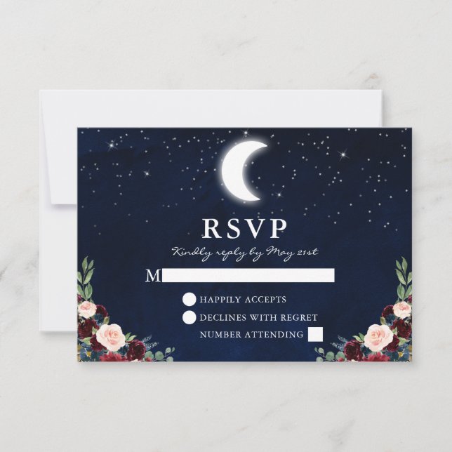 Celestial Wedding Blue Sky Moon Stars Floral RSVP Card (Front)